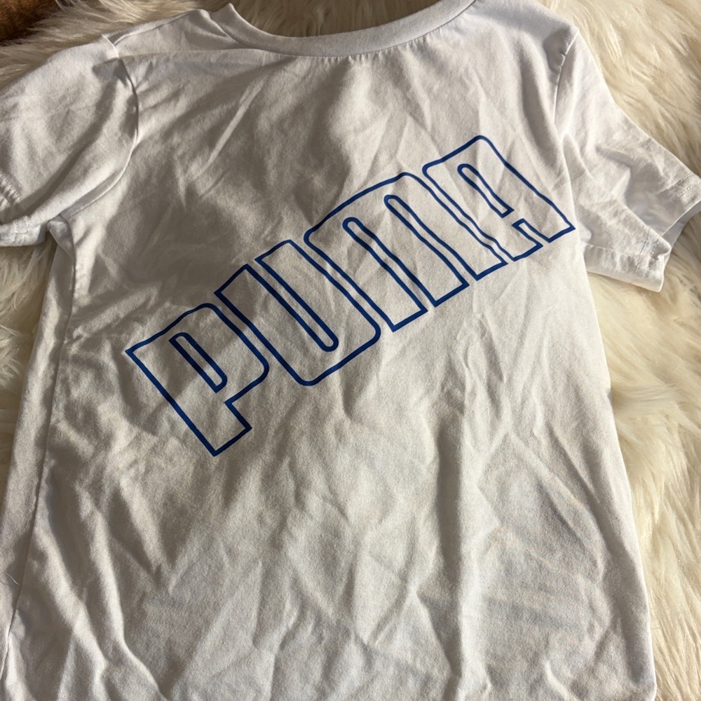 PUMA White Tee with Blue Outline Logo